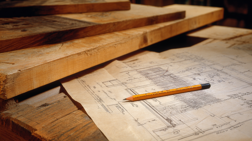 Close-up of detailed woodworking plans with clear steps and diagrams on a wooden surface.