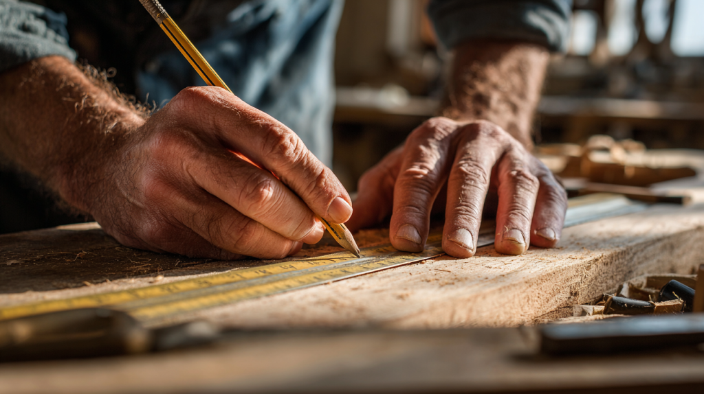 Beginner measuring and marking wood for a project using a ruler and pencil.