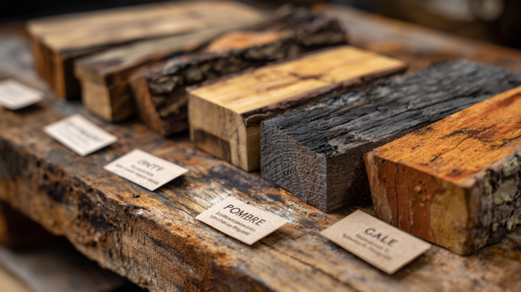 Various types of wood labeled for beginner woodworking: pine, poplar, oak, and maple