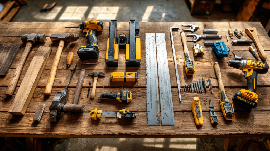 Essential hand tools and power tools for building an Adirondack chair.