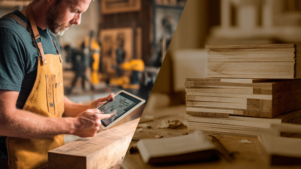 Side-by-side view of digital subscription plans and printed woodworking plan binder.