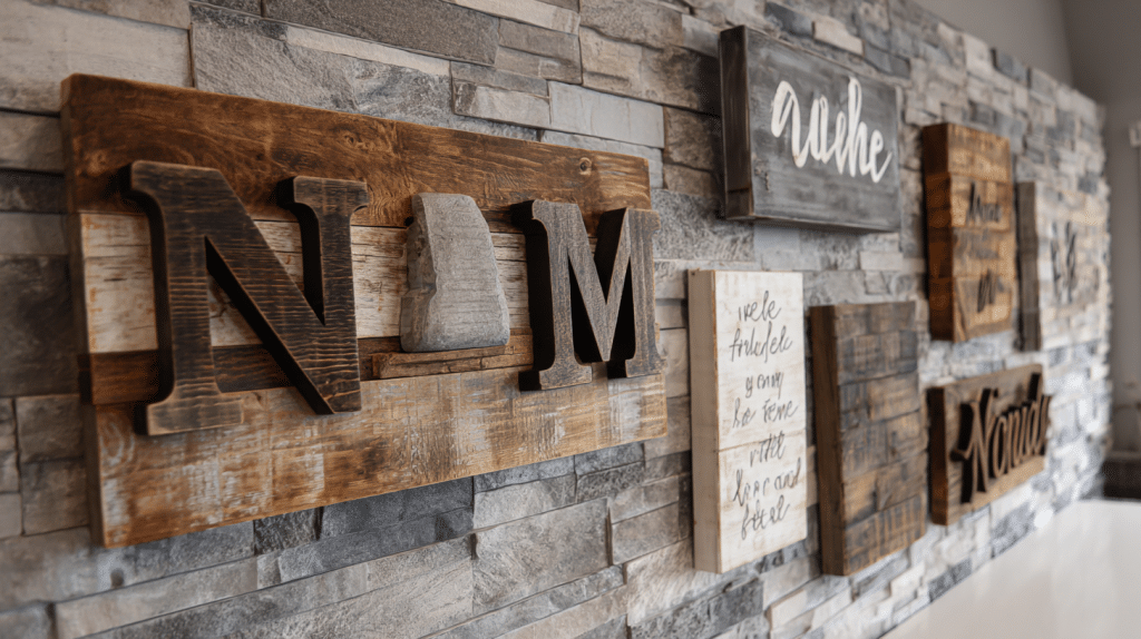 Engraved wooden name signs and quote boards for home decor.