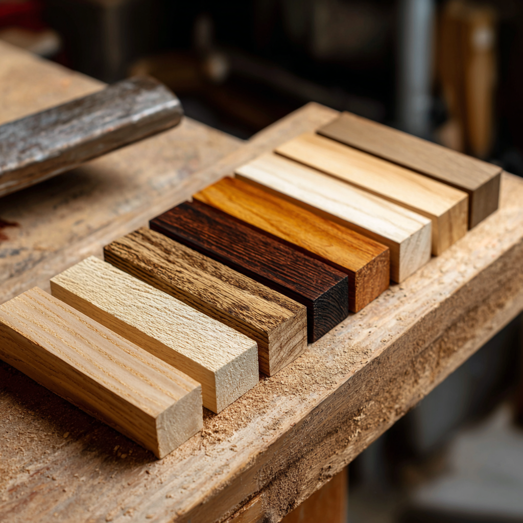 Wood samples labeled by type to help choose materials for different woodworking projects.