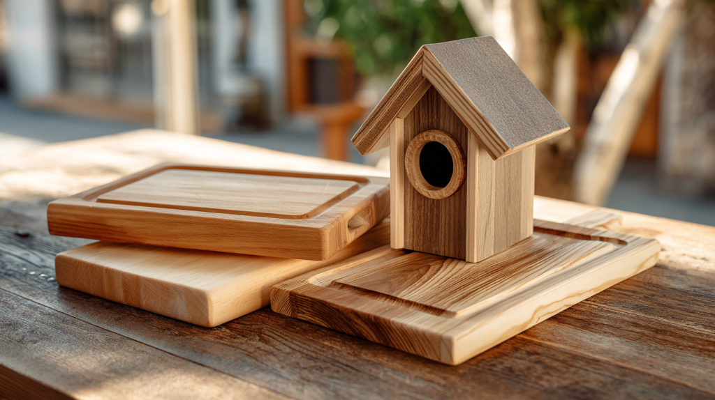 Easy weekend woodworking projects displayed on a rustic wooden table.