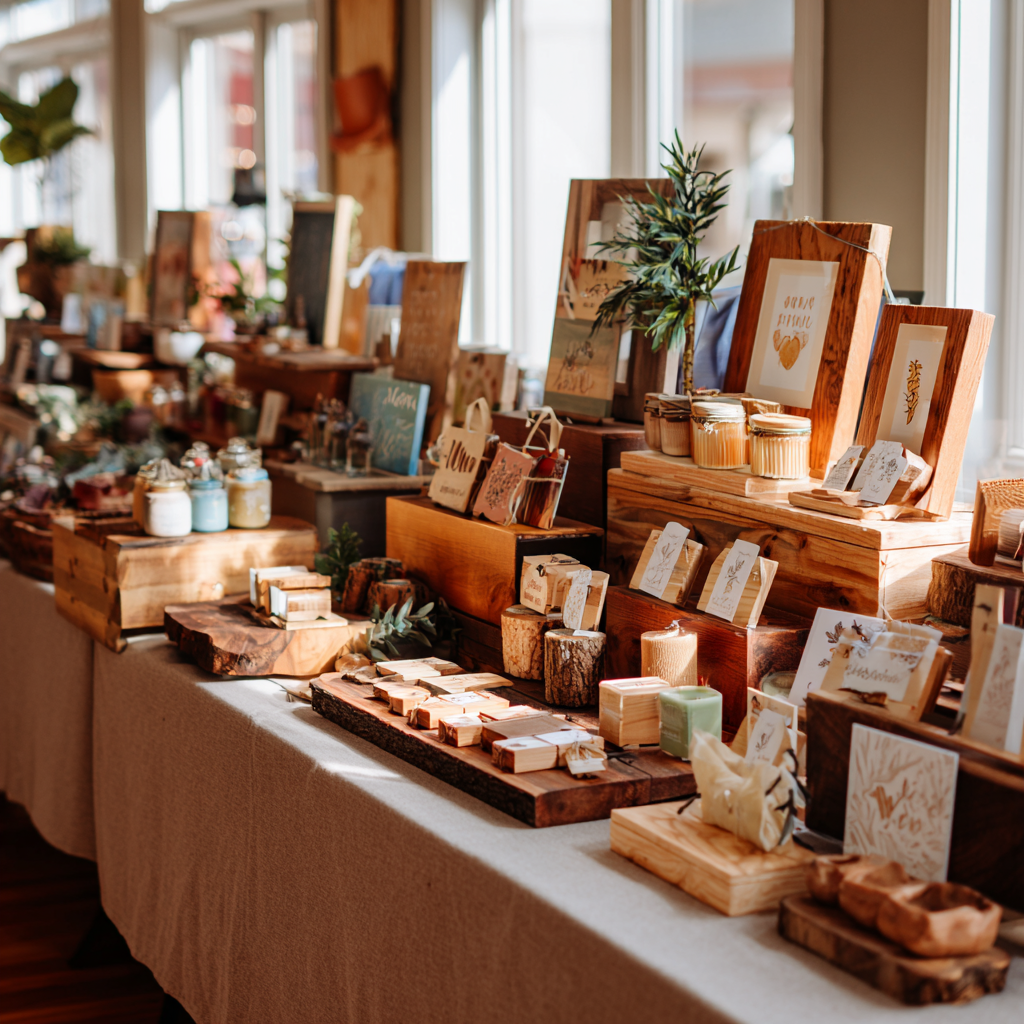 Woodworking projects like signs and decor items displayed for sale at a local market.