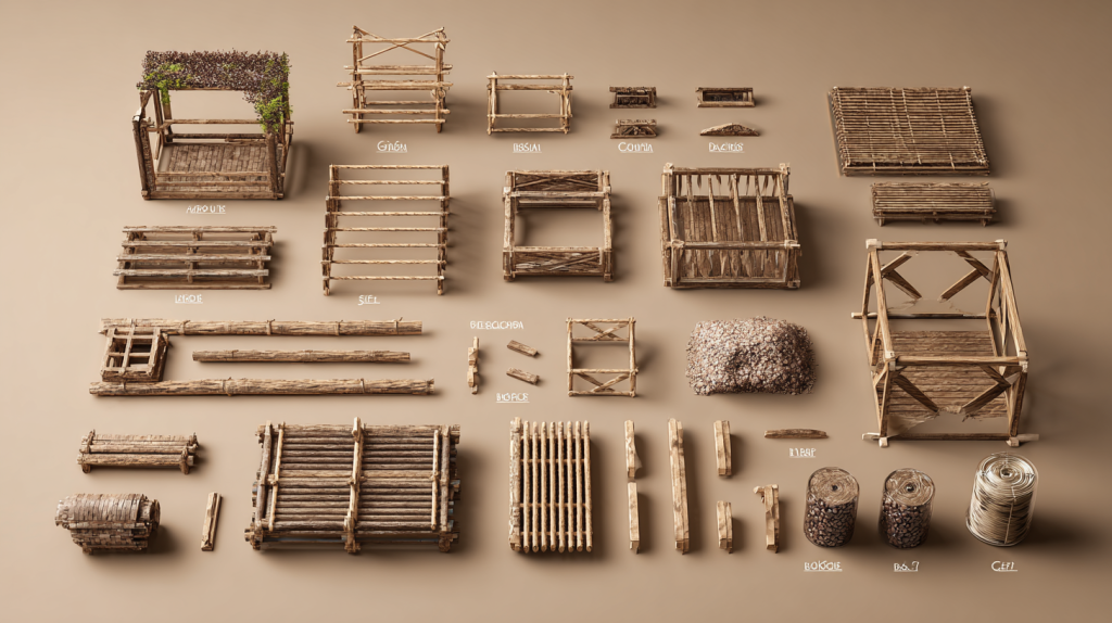 Various woodworking project types laid out, including outdoor structures and gift ideas


