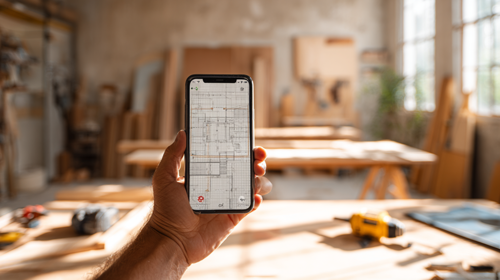 Mobile app displaying woodworking plans while user works on a simple DIY project