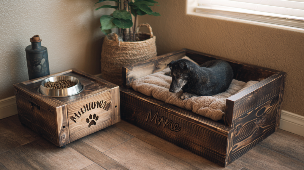Custom pet furniture set with engraved feeding station and bed.