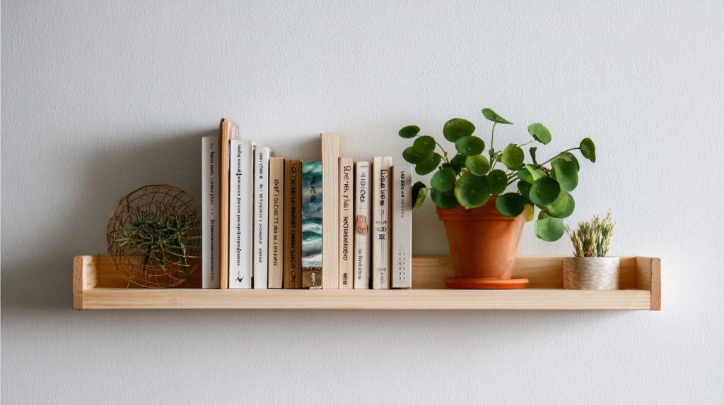 Simple handmade wooden shelf styled with books and a small plant