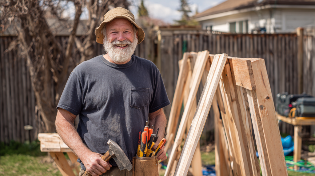 Beginner DIY building their own Adirondack chair frame in a bac