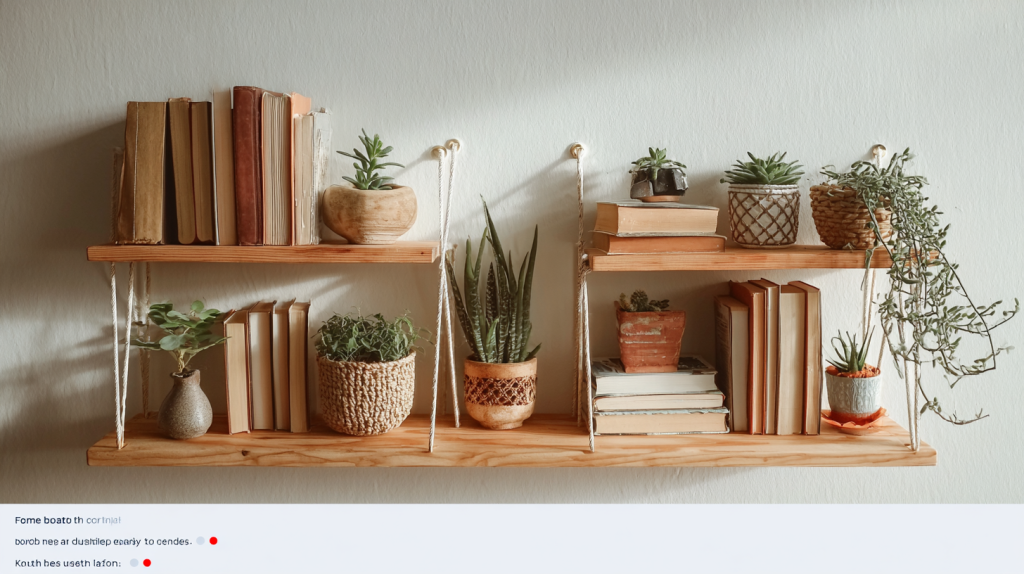 Simple wooden wall shelf made by a beginner, styled with books and plants.
