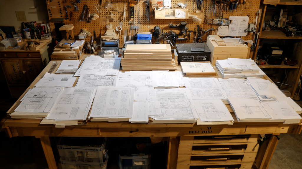 Assorted woodworking plans for shelves, chairs, and boxes spread out on a bench.
