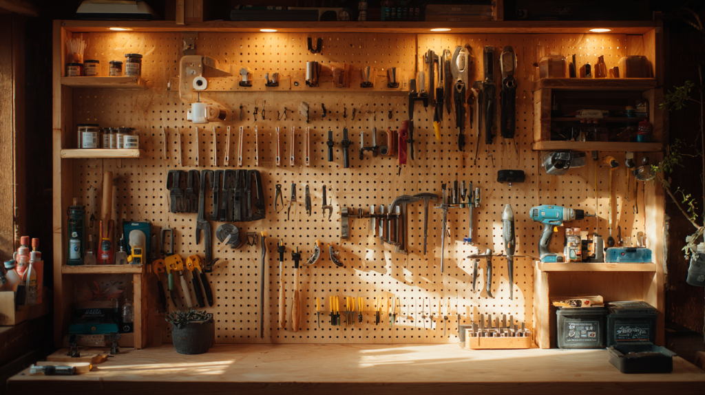 Beginner woodworker's growing personal tool collection on a pegboard wall.