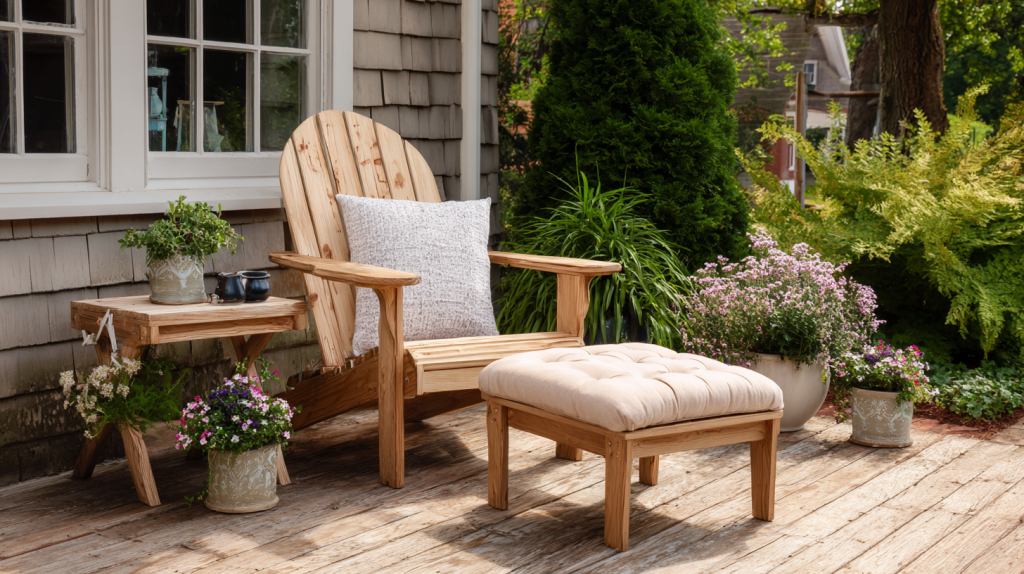 Customized Adirondack chair with cushion, side table, and planters.