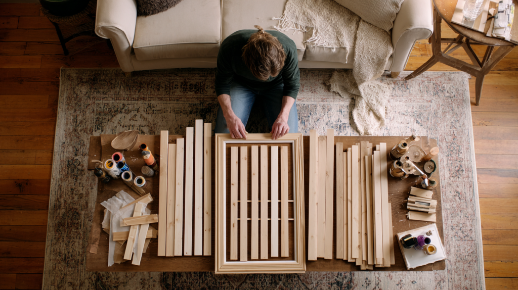 Person following easy woodworking plans with wood pieces and tools nearby.