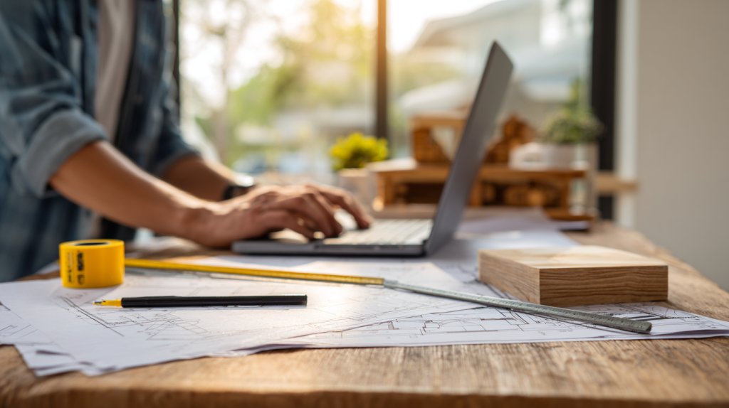 Woodworker comparing different plan websites on a laptop with printouts and tools nearby.