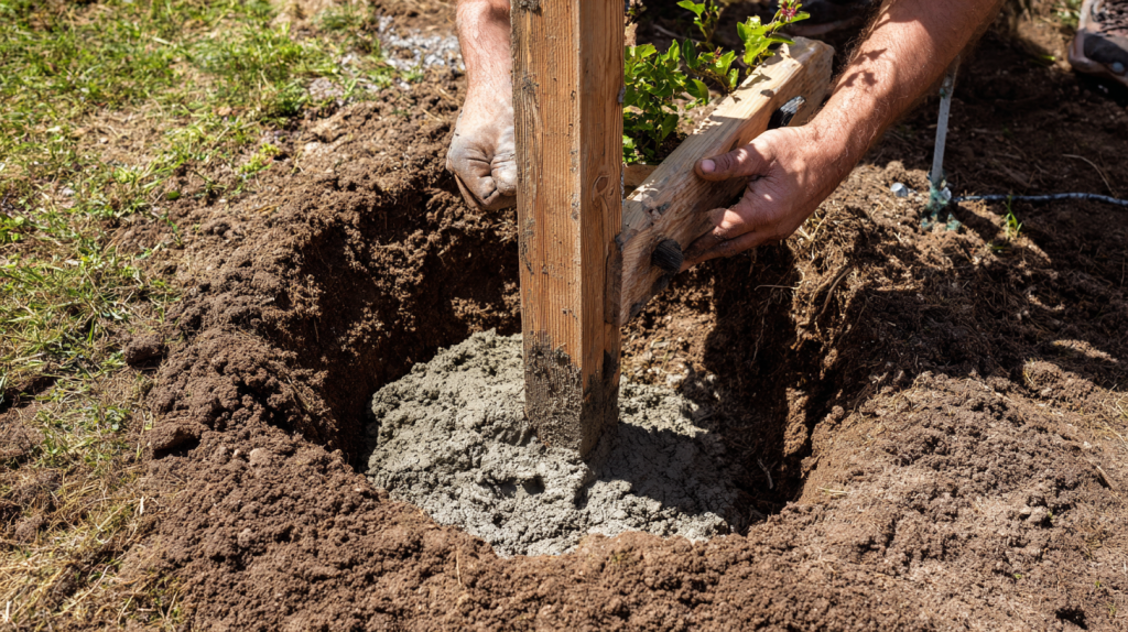 Installing a wooden trellis in the ground with concrete for stability.