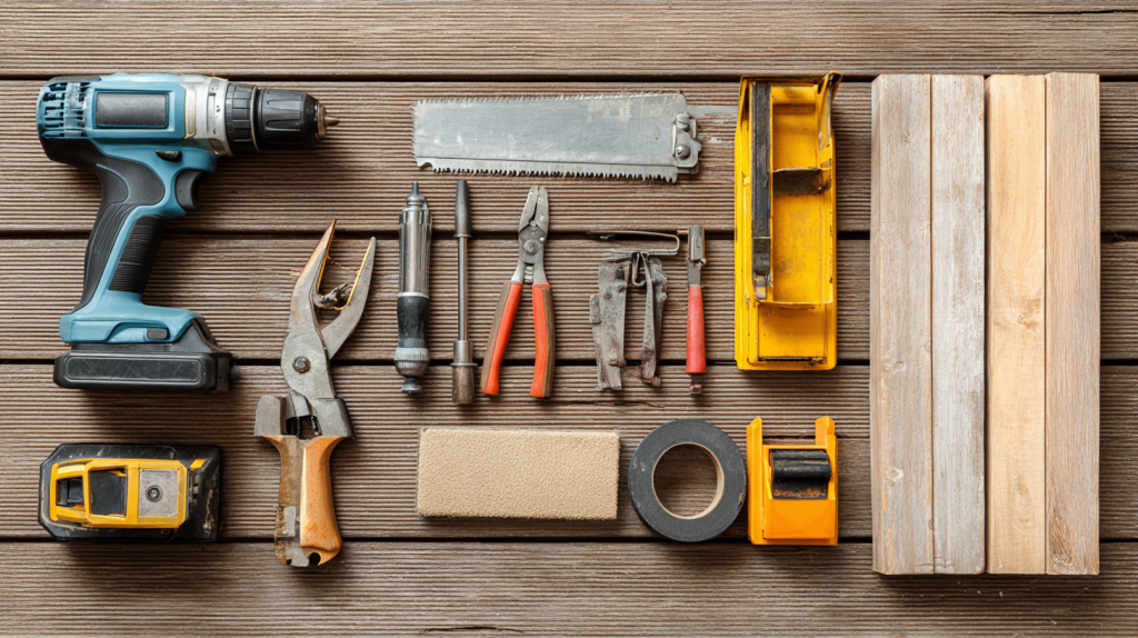 Beginner woodworking tools including saw, drill, and tape measure laid out on a workbench.