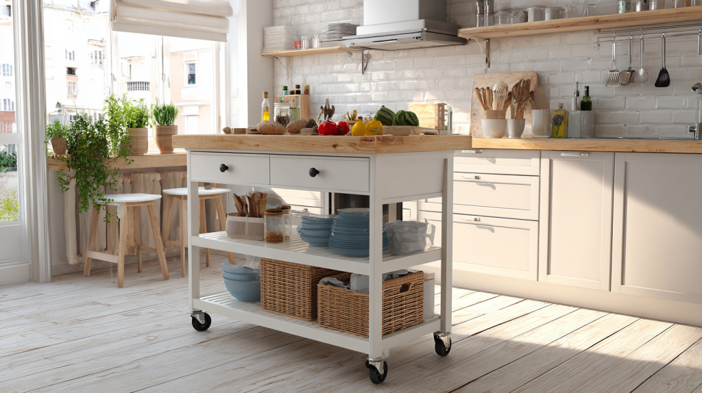 Space-saving rolling cart island with storage in a compact kitchen.