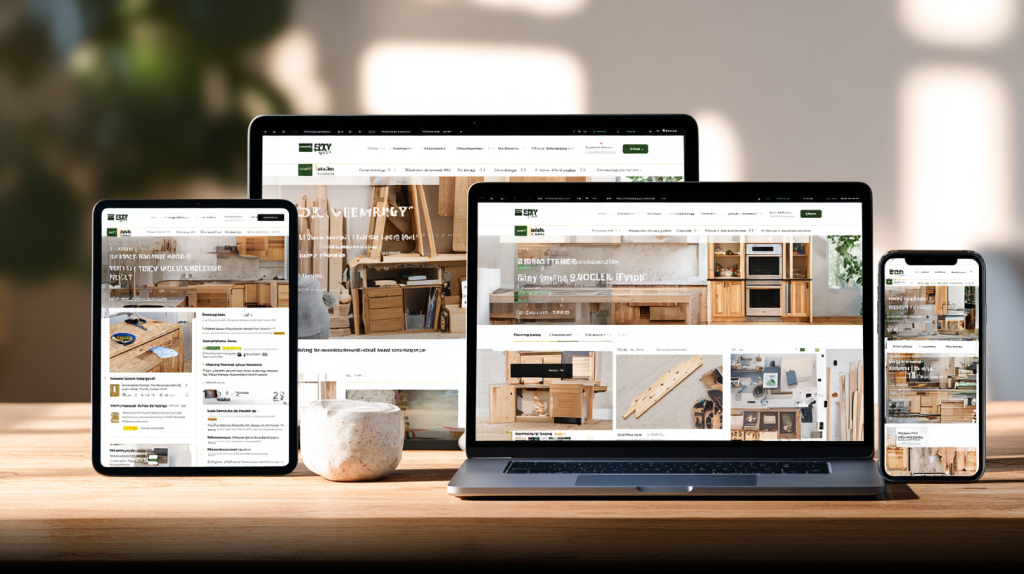 Different woodworking marketplaces like Etsy and Rockler displayed on mobile and desktop screens