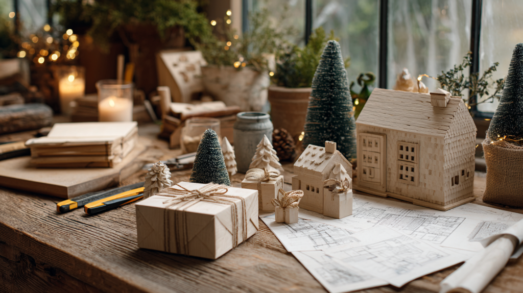 Holiday-themed woodworking projects with plans and tools displayed