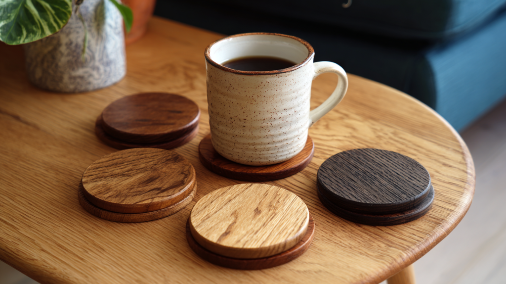 Basic wooden coasters on a coffee table with a ceramic mug