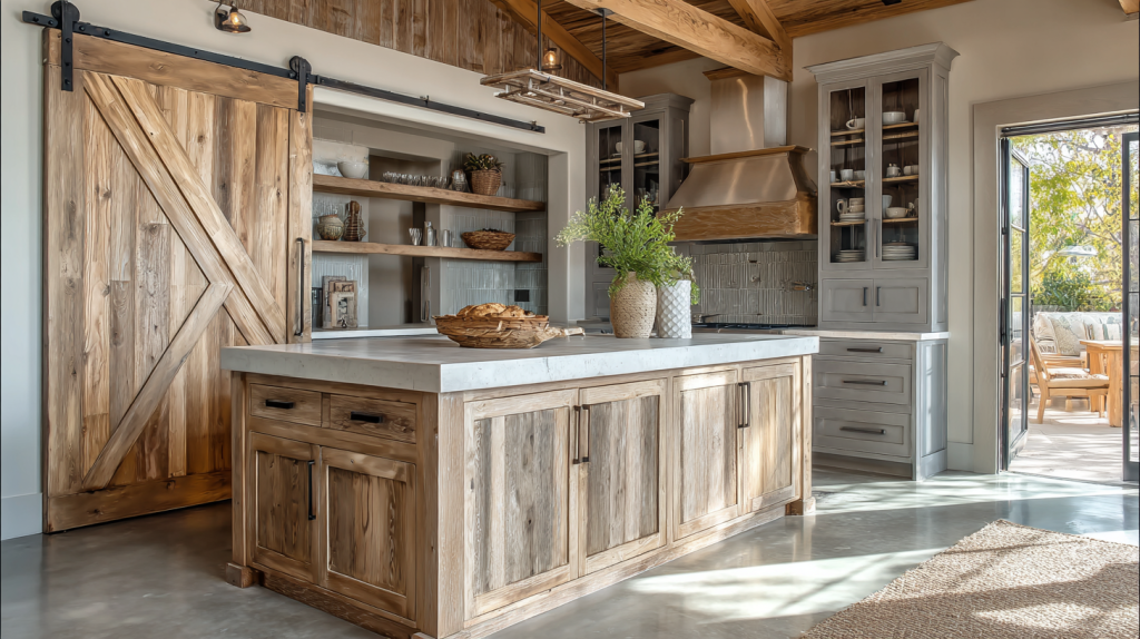Creative cabinet doors including barn-style, glass-front, and fold-up designs.