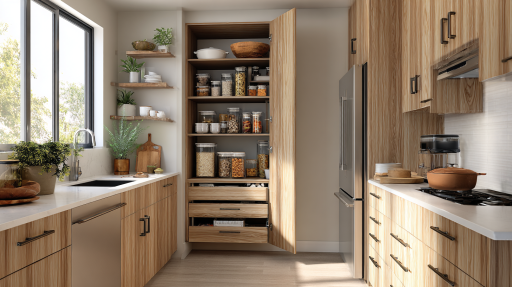 Small kitchen with vertical cabinet solutions and pull-out pantry drawers.