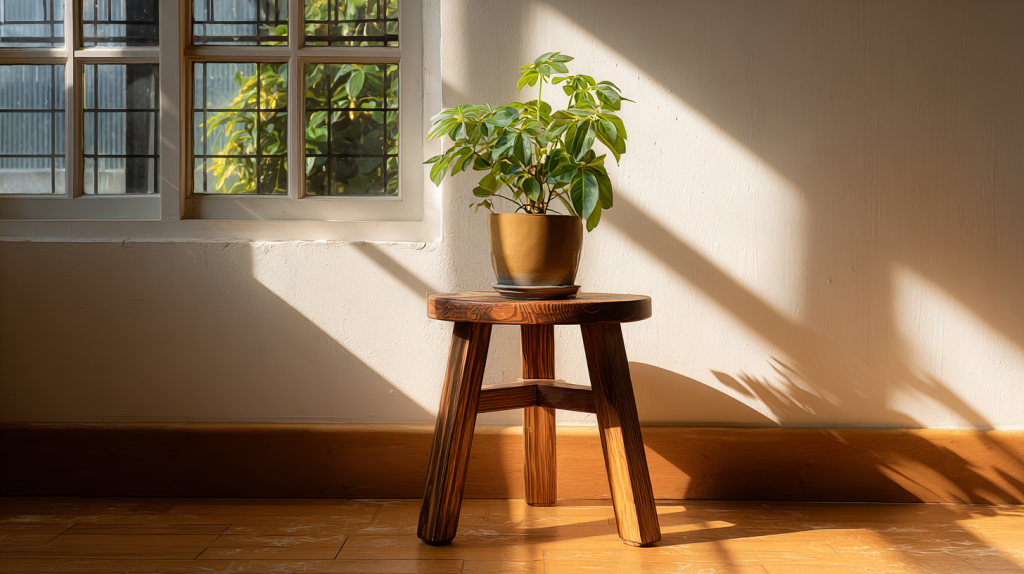 Tabletop wooden plant stand with a potted plant on display