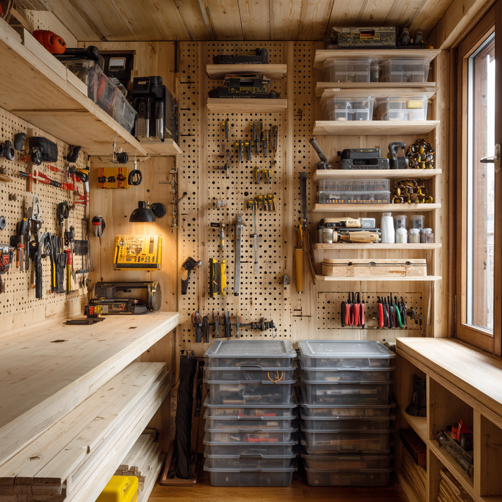 Organized small-space storage setup for woodworking tools and materials.

