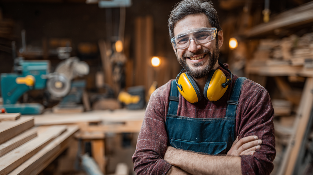 Safe woodworking setup with beginner wearing goggles and ear protection.