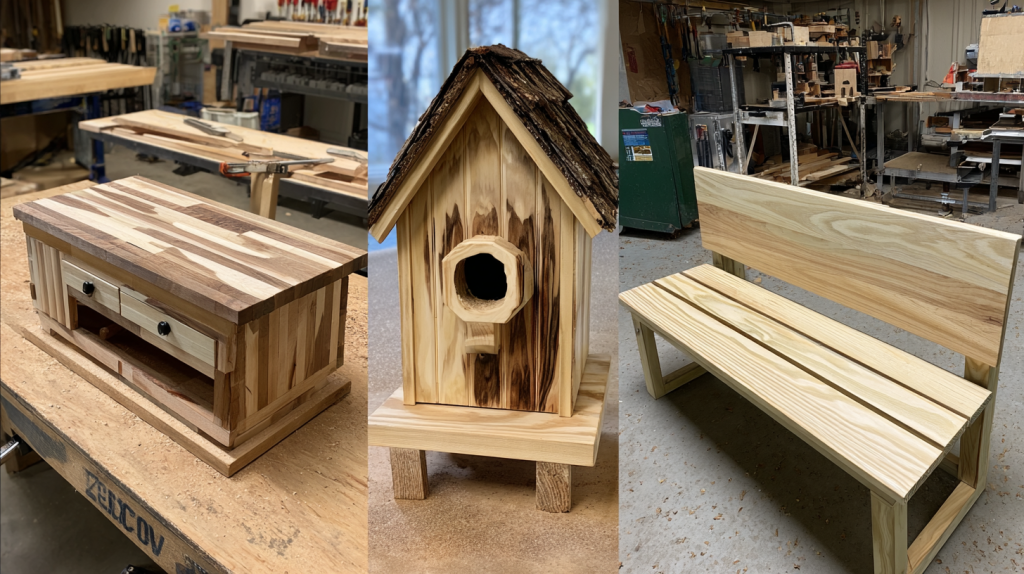 Coffee table, birdhouse, and garden bench at different woodworking stages in one image.