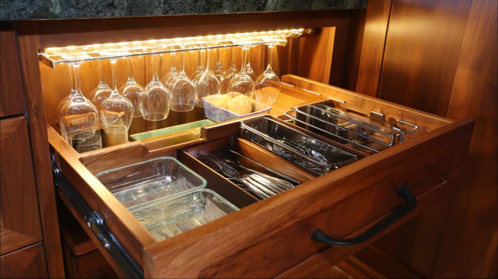 Innovative under-cabinet storage including spice rack and utensil organizer.
