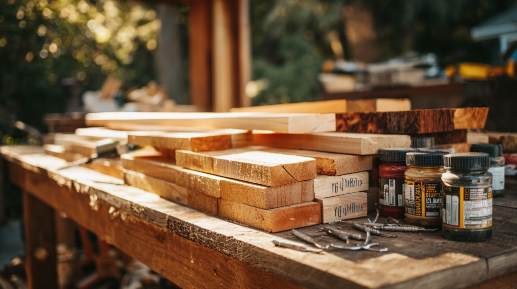 Outdoor wood types and hardware laid out for Adirondack chair build.

