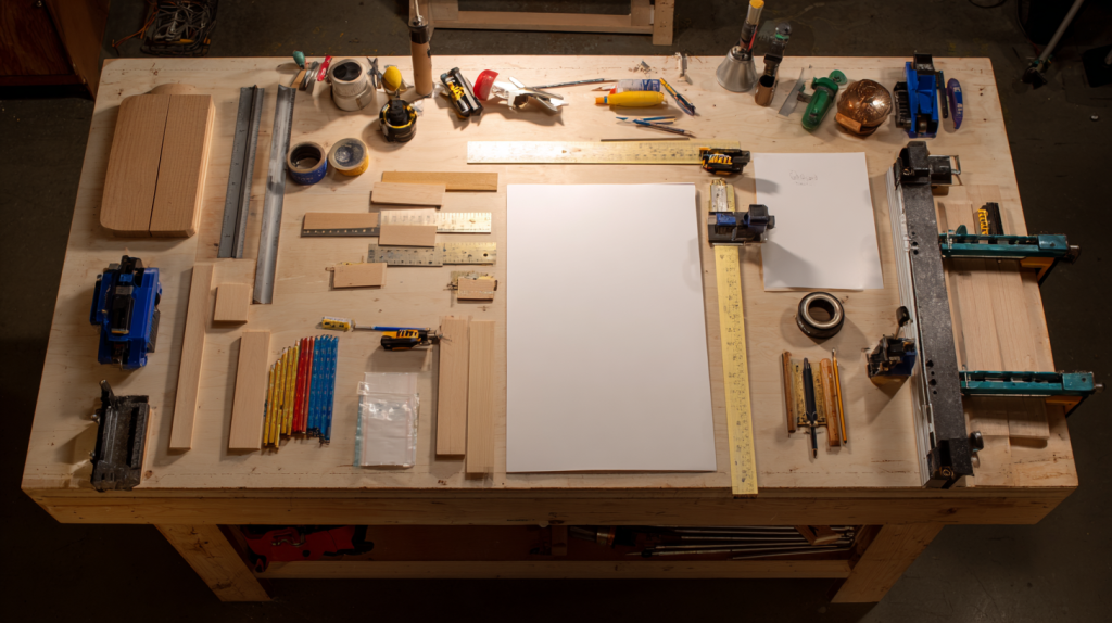 Lumber cut and organized, labeled for proper assembly of a chair.