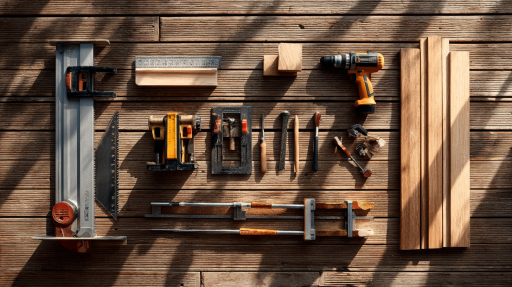 Essential beginner woodworking tools for building kitchen cabinets.